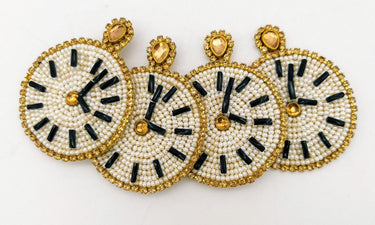 Wall Clock Beaded Applique, Hand Embroidered In White And Gold Beads, Beaded Motif